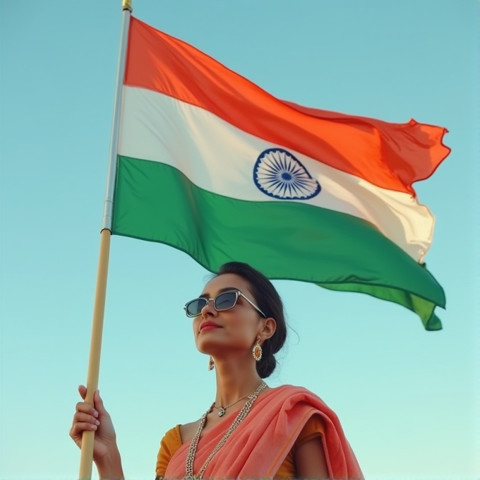 A woman in a sari holds an Indian flag against a clear blue sky.