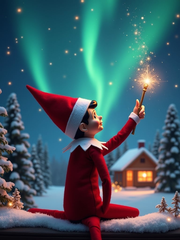 An elf is sitting with its back to the viewer. The elf gazes skyward while holding a glowing wand. The scene shows colorful northern lights with a cozy house in the distance. Snow covers the ground. The elf embodies Christmas magic. The name ‘Naliyah’ appears in the air from the wand.