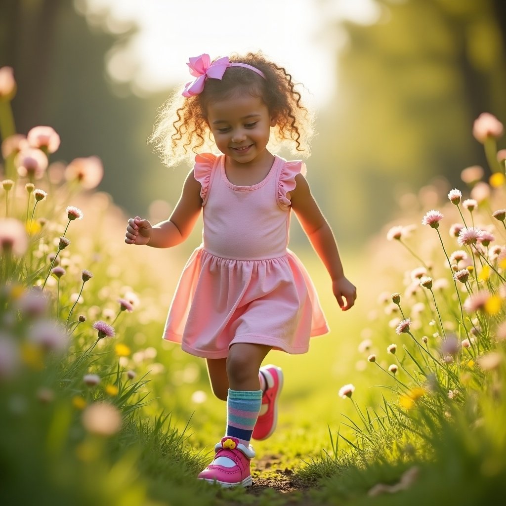 A little girl runs joyously in a flower-filled path. She wears a pink dress with frills. Her curly hair has a pink bow. Sunlight shines warmly around her.