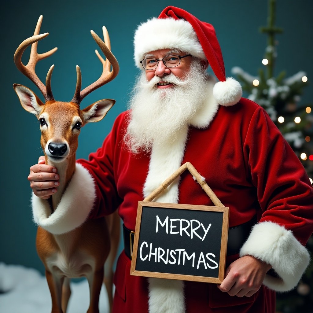 Santa Claus in traditional red and white attire stands next to a deer. Santa holds a board that says MERRY CHRISTMAS PROGRAMMING.COM team. A bag of gifts is nearby with a Christmas tree in the background.