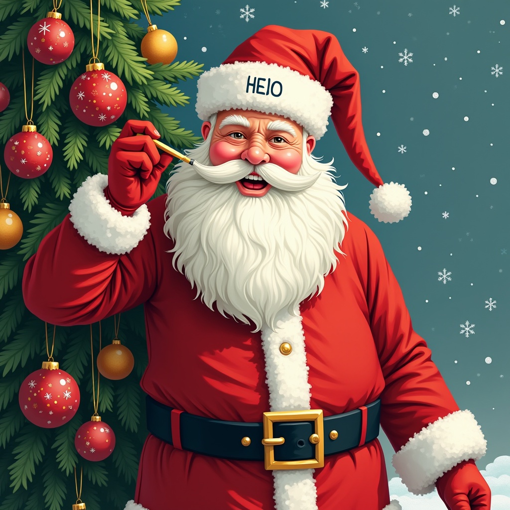 A cheerful Santa Claus character is smiling and holding a Christmas bauble. The bauble is adorned with names like 'Kelsi,' 'Coby,' 'Lewis,' 'Jazmine,' and 'Lottie.' The backdrop is festive, featuring a decorated Christmas tree and falling snowflakes. Santa is dressed traditionally in a red outfit with white fur trim and is also wearing a red hat. The overall mood is joyful and celebratory, perfect for the holiday season.