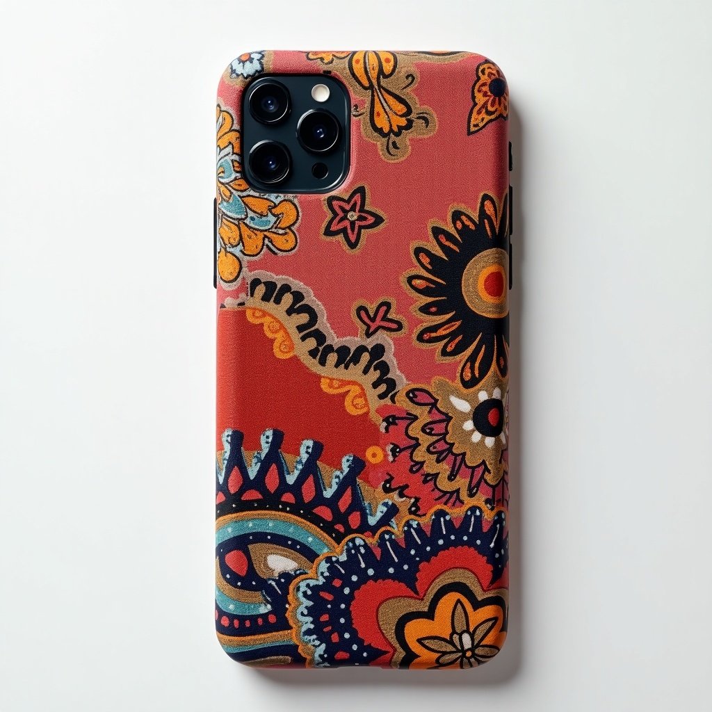 Colorful mobile phone case with floral textile pattern. Top view showing various designs and colors. Vibrant and artistic appearance suitable for smartphones.