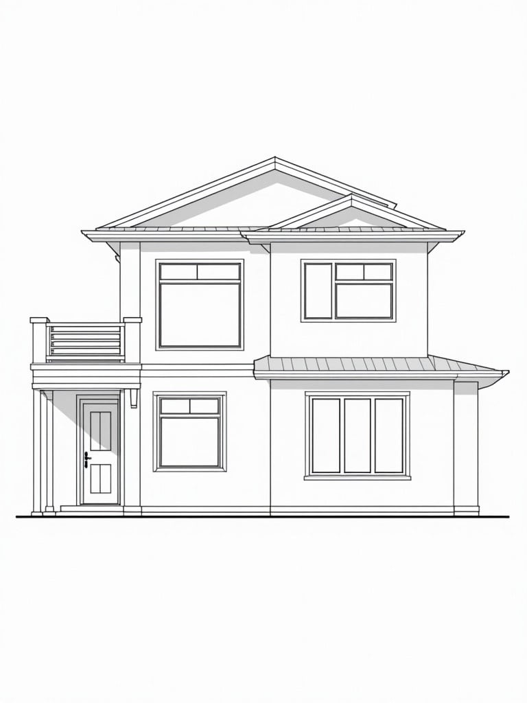 Elevation design of a modern home. Dimensions are 18 feet wide and 33 feet high. The design includes several windows and a balcony.