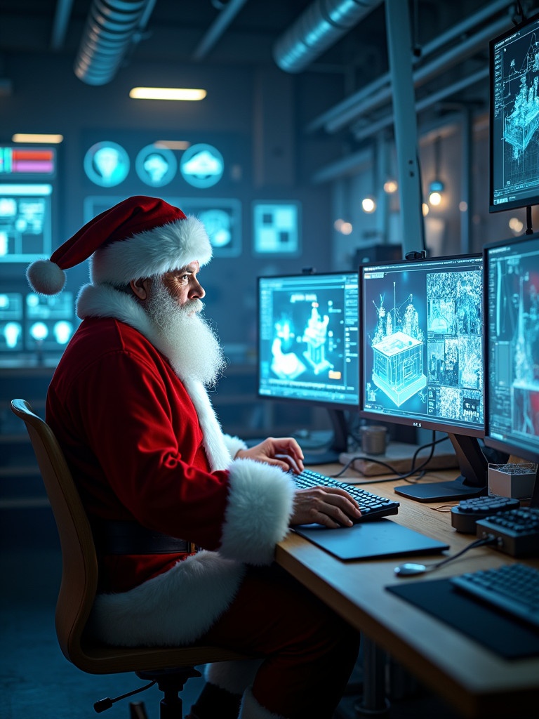 Interior shot shows Santa Claus working in a high-tech workshop. Multiple screens display holographic designs. Soft glow from screens illuminates the scene. Magical holiday atmosphere present. Santa uses AI tools for creating a BIM model.