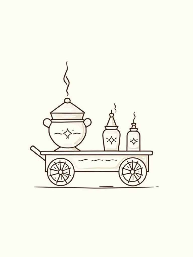 Simple drawing of traditional Balila cart. Cart holds large pot for Balila. Small jars for beets are on the cart. Containers for sauces are included. Design features simple Egyptian-inspired patterns. Focus is solely on the cart with no background.