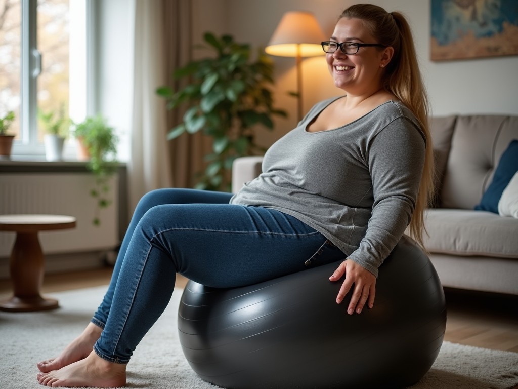 In a cozy Danish living room, a beautiful young woman sits on an underinflated shiny black exercise ball. She wears a long-sleeved gray shirt and tight jeans, highlighting her curves. With a smile on her face, she exudes confidence and happiness. Her long blonde ponytail cascades down her back, and she wears stylish glasses. The room is decorated with plants and soft furnishings, creating a warm, inviting atmosphere. This scene captures a moment of joy and wellness in a stylish home setting.