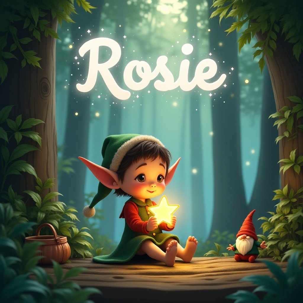 In a magical forest, a young elf with pointed ears sits adorably on a wooden platform. She wears a festive outfit and is mesmerized by a glowing star she holds in her hands. The lush greenery surrounds her, and tall trees stretch high into the sky, where soft, ethereal light filters through the leaves. Above her, the name 'Rosie' is written in whimsical letters that resemble clouds. Small woodland elements, such as a cozy basket and a delightful gnome, add to the enchanting atmosphere, making it feel festive and inviting. This scene captures the essence of childhood wonder in a fantasy world.