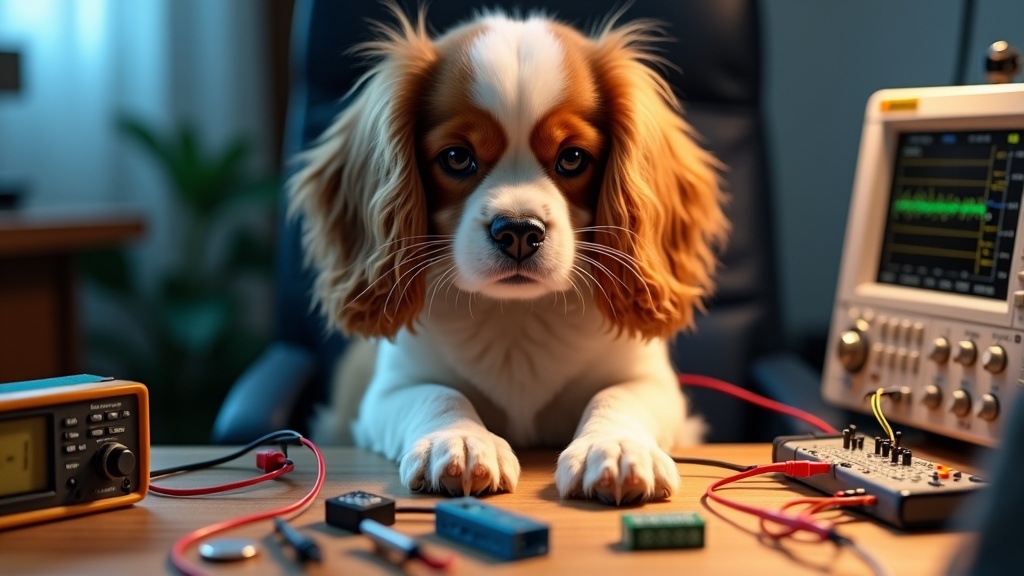 A fluffy Cavalier King Charles Spaniel is sitting in a chair, focused on a DIY electronics project. The dog is surrounded by various wires and circuit boards on a desk. Next to the dog, oscilloscopes and multimeters display signals. The scene illustrates a playful interaction between the pet and the electronics setup. Soft lighting adds warmth, highlighting the dog's expressive face while showcasing the blend of technology and companionship.