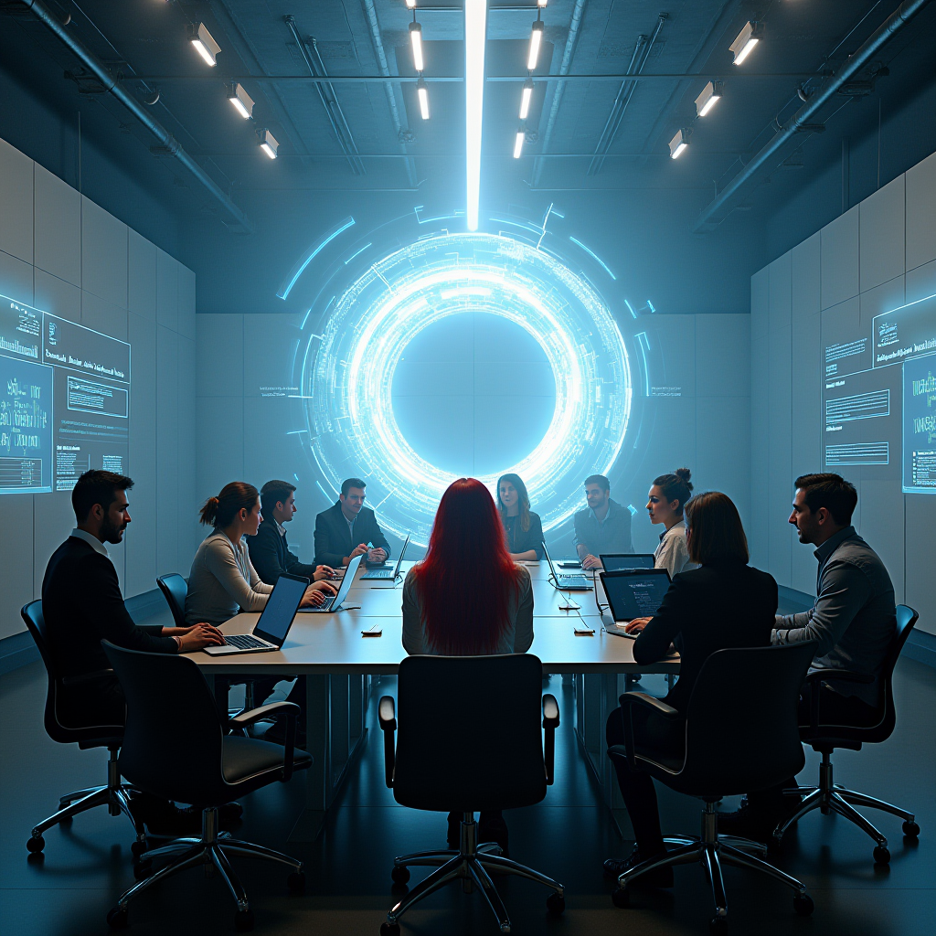 A futuristic meeting room with a glowing holographic interface and people working on laptops around a table.