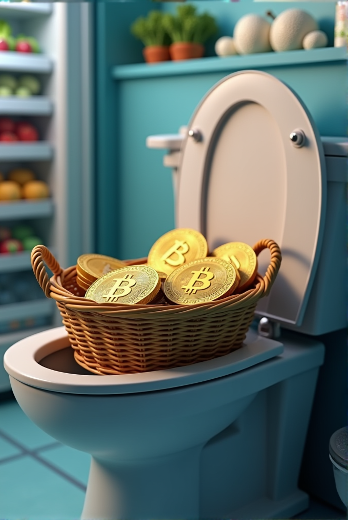 A basket full of gold coins with Bitcoin symbols rests on a toilet lid.