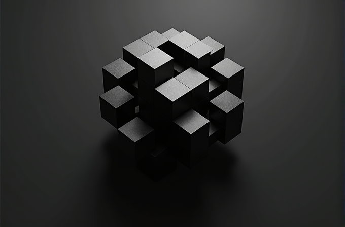 A 3D geometric shape made of black cubes arranged in a complex pattern on a dark background.