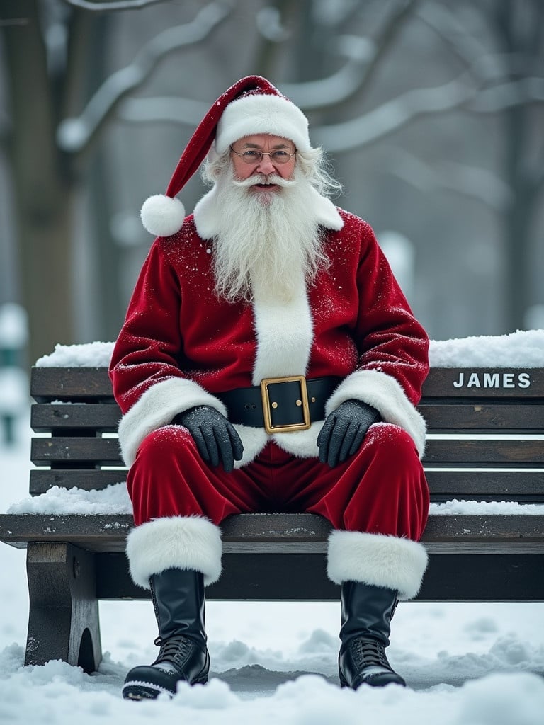 Father Christmas dressed in a red suit with white trim sits on a bench. Snow covers the ground. A name 'James' is engraved on the bench. A serene winter atmosphere surrounds him.