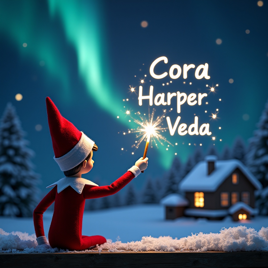 An enchanting Christmas scene featuring an Elf on the Shelf, aimed at captivating holiday joy. The elf, dressed in festive red and white, holds a magic wand and writes names in glowing script against a backdrop of vibrant northern lights. With his back to the viewer, the focus is on the magical atmosphere created by the elf's actions. The scene is further enriched by a cozy cabin in the background, enhancing the festive spirit. This whimsical portrayal evokes a sense of wonder, making it the perfect holiday illustration.