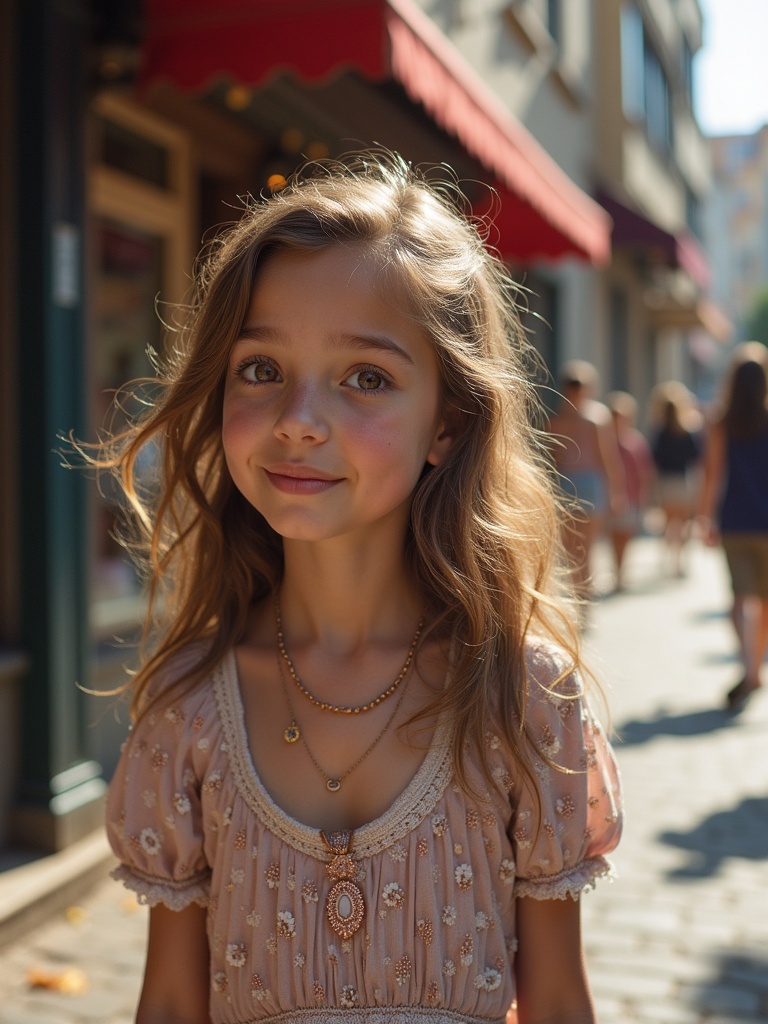 Image features a young girl with wavy hair in an elegant dress. She stands in a lively urban environment, with blurred background showing other people. Soft sunlight highlights her features, conveying a playful and serene atmosphere.