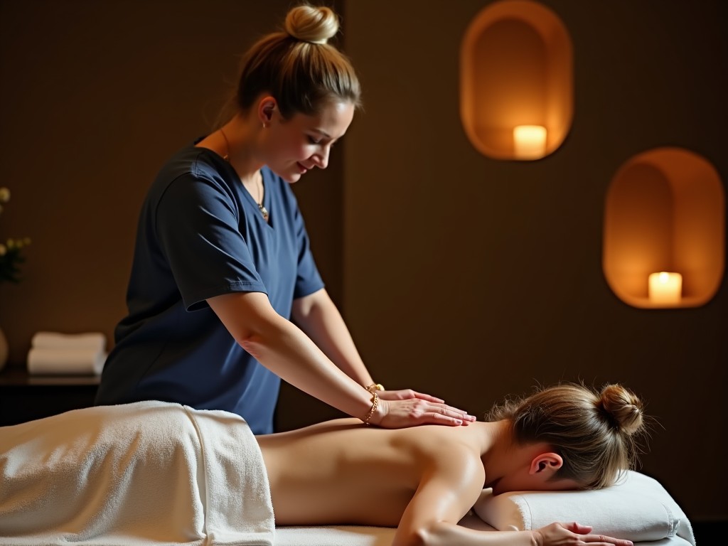 The image depicts a woman giving a back massage to another person in a serene, dimly lit room. The masseuse is dressed in blue and has her hair styled in a high bun. She gently applies pressure to her client's back while the client lies face down, partially covered by a white towel. The room features a warm brown color scheme, enhancing the calm and relaxing ambiance. Soft lighting creates a peaceful atmosphere perfect for relaxation in a spa setting.