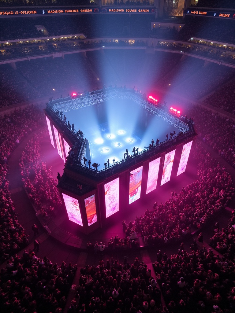 Travis Scott performs on a 360 concert stage at Madison Square Garden. Drone captures an aerial view. Stage is illuminated with colorful lights. Large audience surrounds the stage. Staging designed with video panels. Vivid concert atmosphere enhances the experience.