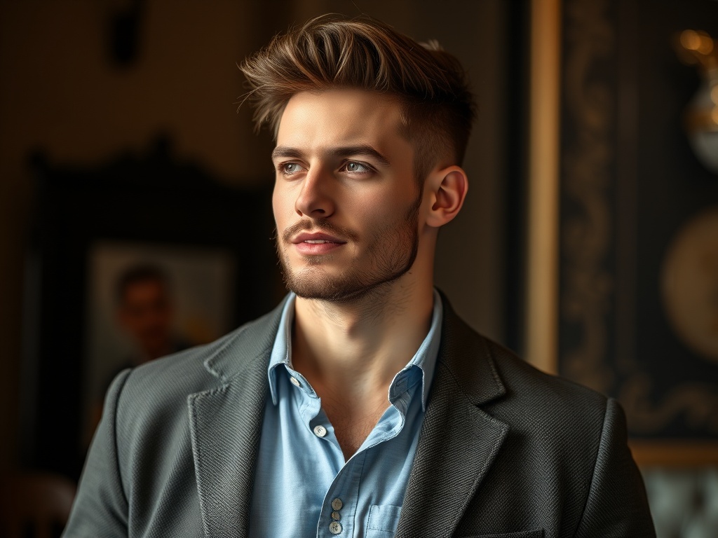 A well-dressed young man with styled hair gazes thoughtfully into the distance in a sophisticated setting.