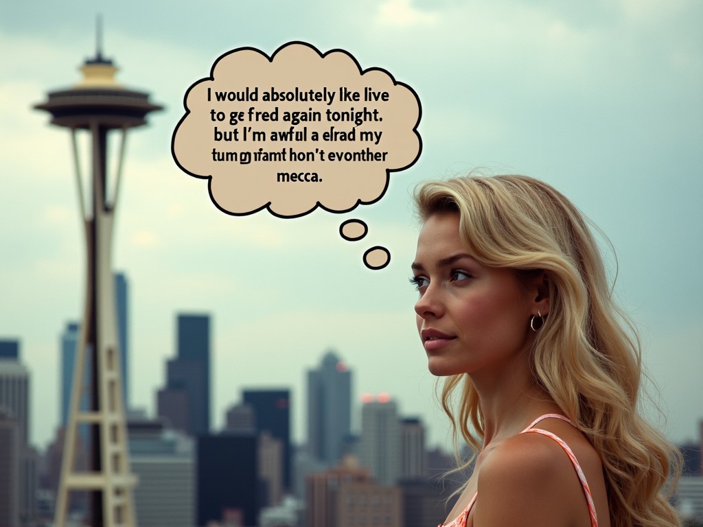 A woman in front of the Seattle skyline with a thought bubble over her head.