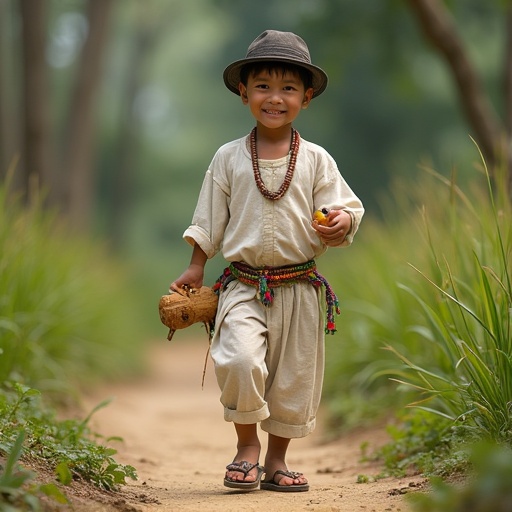 A young boy named Sukarno from Indonesia in 1906 walks along a dirt path. He wears a loose white shirt and pants secured with a colorful belt. He has traditional wooden sandals and a dark songkok hat on his head. He holds a wooden toy carved by his father. The scene is surrounded by lush greenery and tall trees under soft natural light.