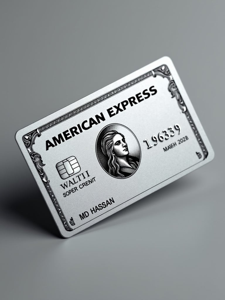 Realistic image of a platinum American Express credit card. Prominent American Express logo featured. Cardholder name MD Hassan displayed. Expiry date March 2028 shown. Silver background used with a bold black font. Conveys modern elegance.