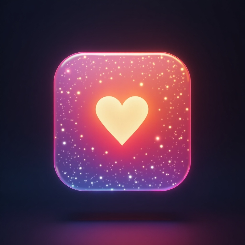 This is a stylish app icon showcasing a heart symbol at its center, designed specifically for an app that offers lighting solutions for selfie enthusiasts. The icon features a captivating gradient background that transitions from pink to purple, illuminated by a soft golden light. The starry speckle effect adds a dreamy quality, appealing to users looking for creative selfie tools. The overall design exudes a modern and inviting vibe, making it attractive for social media applications. It's tailored for a tech-savvy audience, emphasizing the app's function of enhancing personal photos.