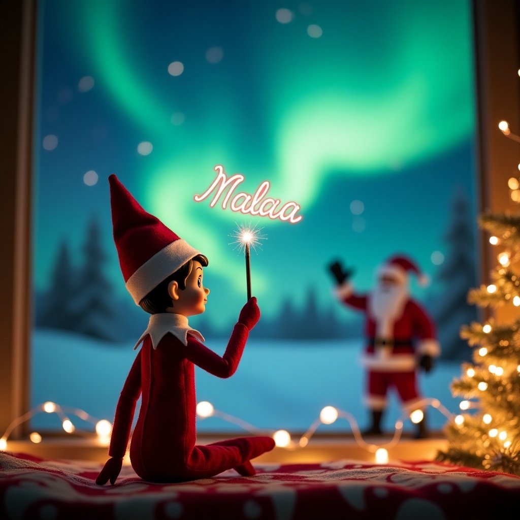 An Elf on the Shelf with back to viewer faces the nighttime sky with northern lights. The elf, in holiday attire, uses a wand to write Nalaïa in the air. Santa Claus waves joyfully in the background. Decorative Christmas elements including a lit tree create a festive spirit.