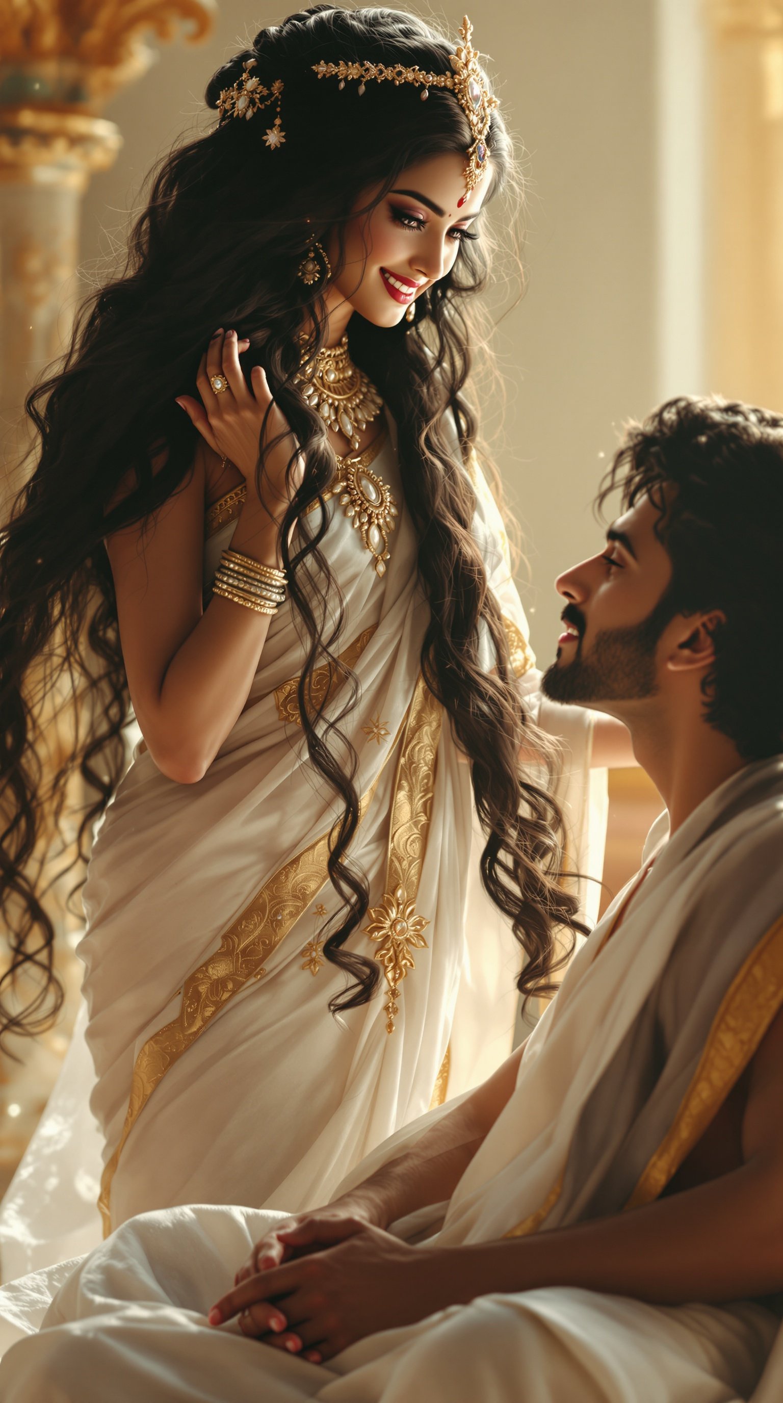 Urvashi stands before Arjuna. Long black hair cascades over her shoulders. Large eyes filled with love. Captivating smile. White saree adorned with golden jewelry. Arjuna sits calmly. His hands fold respectfully. His face reflects a light smile and restraint.