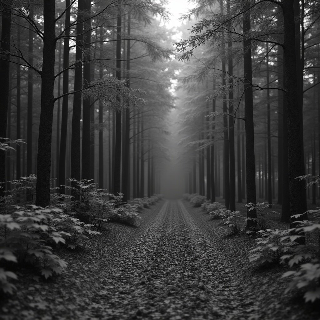 Grayscale height map depicting a small section of a dense forest. A pathway is visible amidst tall trees, surrounded by foliage. The atmosphere is misty and peaceful.