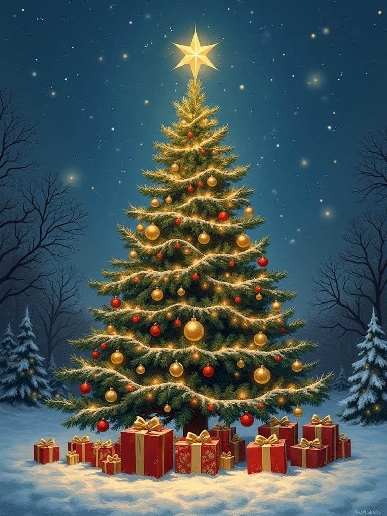 A beautifully decorated Christmas tree stands in a snowy landscape. The tree is adorned with golden and red ornaments and topped with a glowing star. Surrounding the base are numerous festive gift boxes wrapped in red and gold. Soft snow covers the ground, creating a magical winter scene.