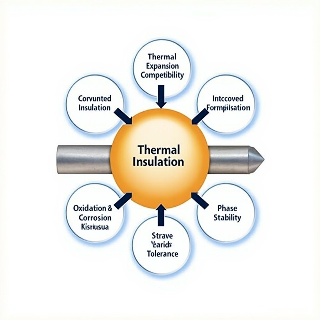 Mechanism showcasing thermal insulation concepts. Central circle labeled 'Thermal Insulation' surrounded by six elements: Thermal Expansion Compatibility, Oxidation & Corrosion Resistance, Phase Stability, Strain Tolerance, Intcoed Formpisation, and Convoted Insulation.