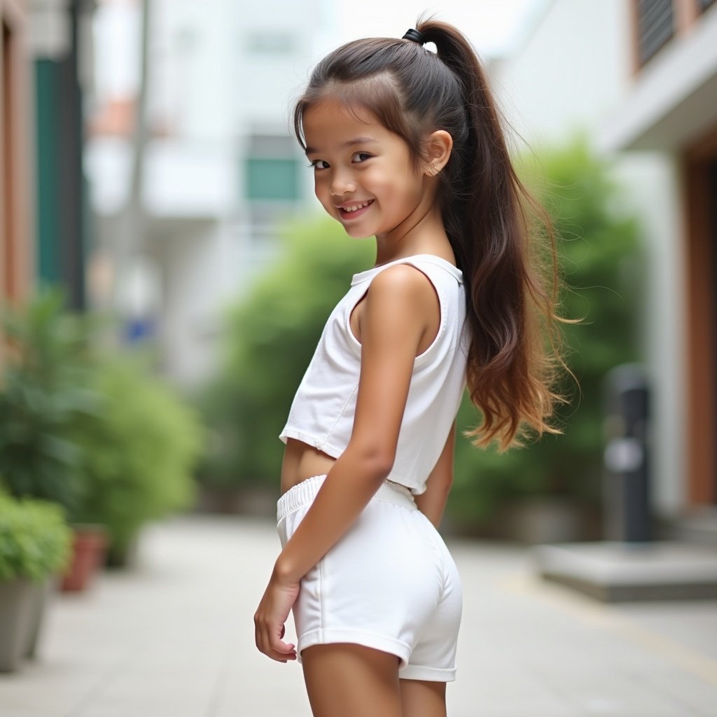 Image shows a young girl with long hair tied in a ponytail wearing a white two-piece outfit. She stands outdoors, turning slightly and smiling. Background features urban buildings and greenery, creating a relaxed summer atmosphere.