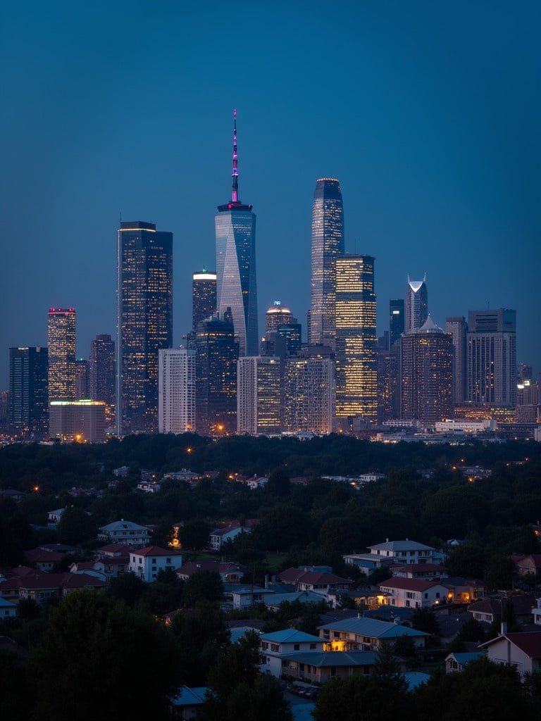 A city skyline at night with illuminated skyscrapers. Below is a quiet residential area. The scene captures the contrast between modern architecture and suburban homes.