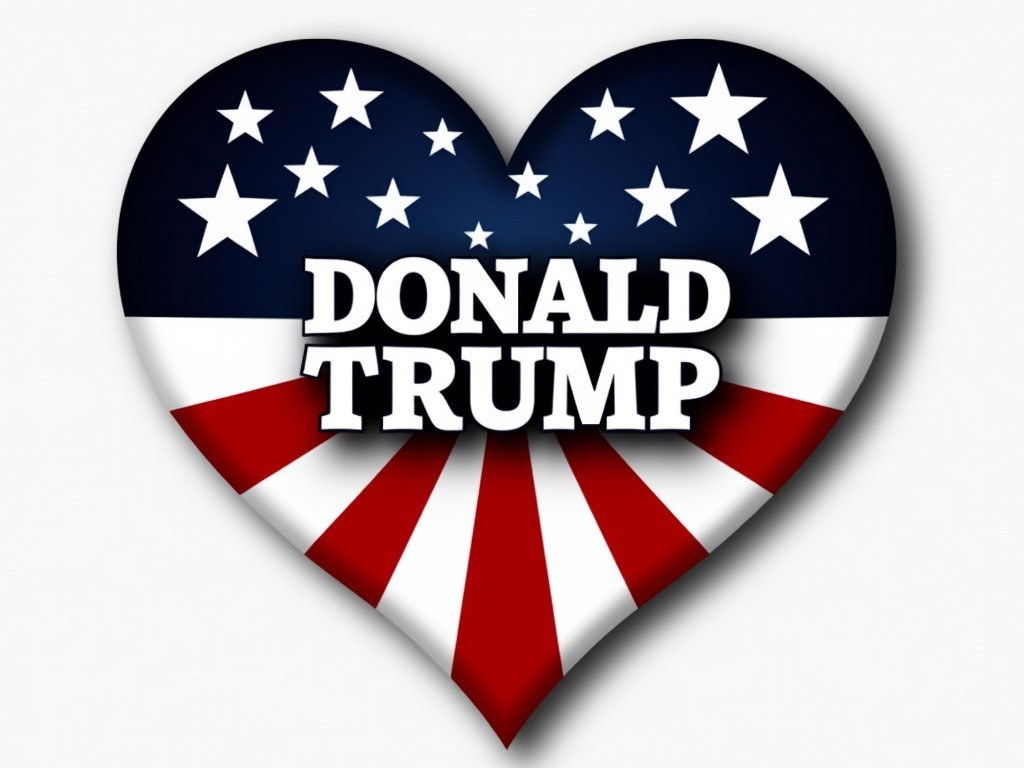 This image features a heart-shaped emblem with an American flag theme, including stars and stripes in red, white, and blue. The center of the heart prominently displays the name 'Donald Trump' in bold, white letters. The design suggests a blend of patriotism with personal allegiance or endorsement.