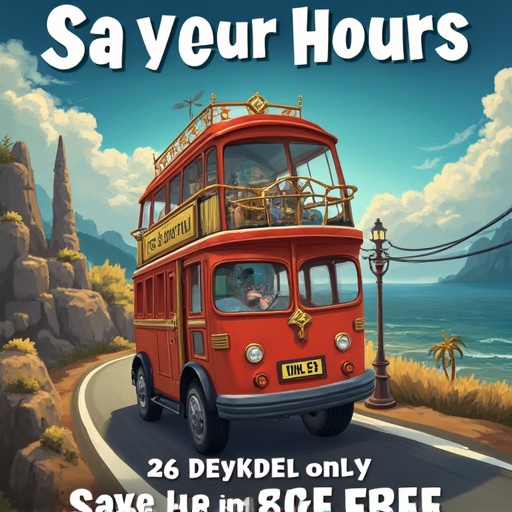 A vintage red double-decker bus drives on a coastal road. Scenic view of the ocean and mountains in the background. Bright sky and warm sunlight illuminate the scene. Friendly travelers inside enjoying the ride.