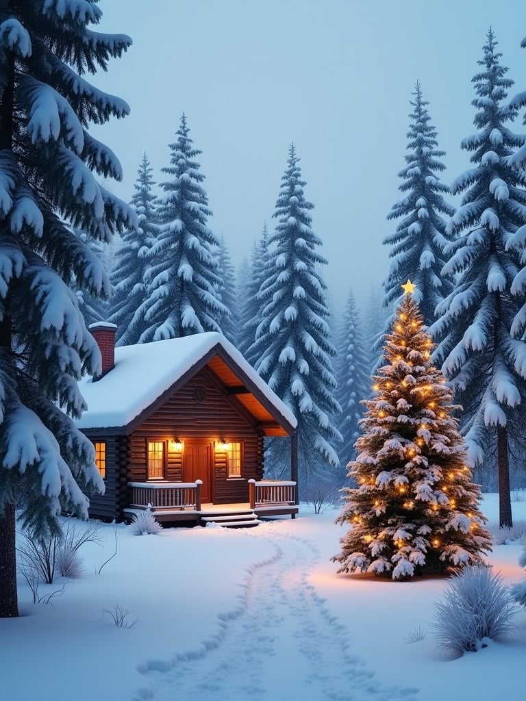 Serene Christmas scene with a cozy cabin surrounded by snow-covered pine trees. Decorated Christmas tree stands beautifully lit.