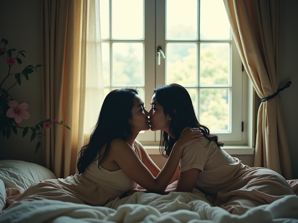 This evocative image depicts two women tenderly kissing on a bed in front of a large window. The atmosphere is intimate and serene, thanks to the soft, diffused natural light streaming in and softly backlighting the scene. The pastel-colored curtains and flowers in the background add a gentle and romantic touch to the composition.