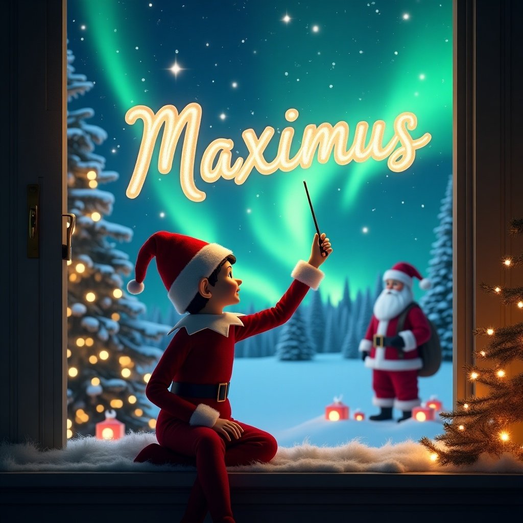 Elf on the Shelf facing the sky. Using a wand to write Maximus in the sky. Magical Christmas background with Northern Lights and Santa Claus.