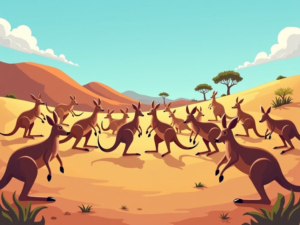 The image depicts a lively mob of kangaroos energetically hopping across a sandy landscape. The scene portrays various kangaroos in dynamic poses, showcasing their playful nature. In the background, there are rolling hills and sparse vegetation typical of the Australian outback. The sky is bright blue with a few fluffy clouds scattered throughout. This colorful and engaging illustration captures the essence of wildlife in a vibrant, cartoonish style.