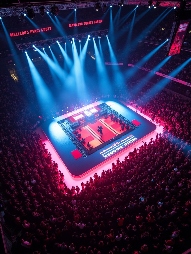 Aerial view of Travis Scott's concert at Madison Square Garden. The stage features a T-shaped runway. Bright lights beam over a large audience. The atmosphere is energetic and vibrant.