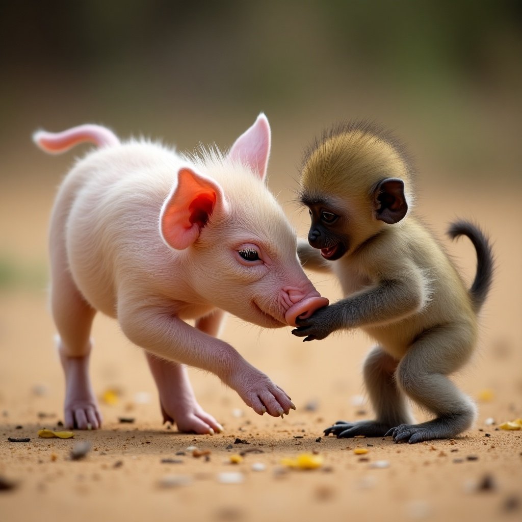 Piglets and baby monkeys interact playfully on a dusty ground. Soft focus on the environment highlights their interaction.