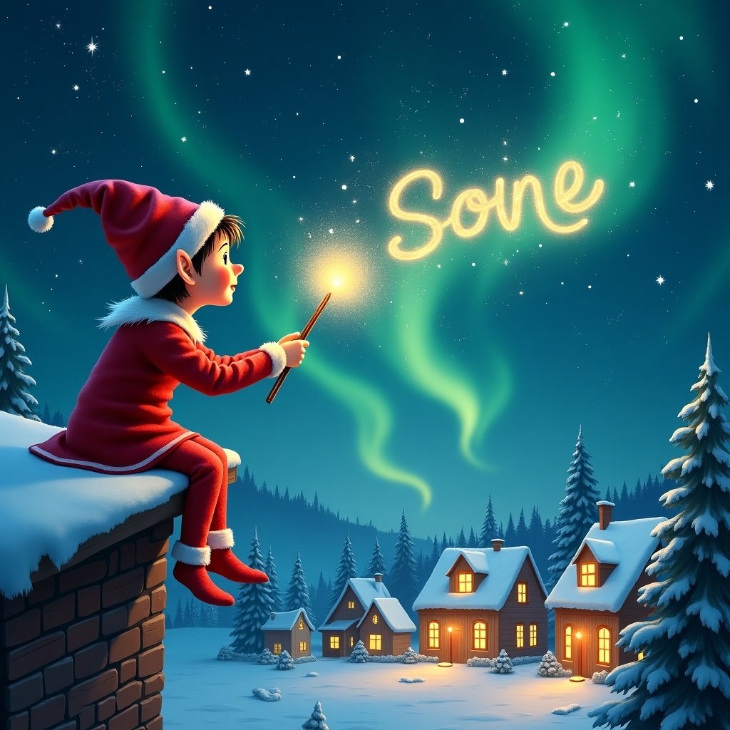 An elf writes names in a magical night sky. The elf wears red and a pointed hat. It holds a wand creating shimmering letters. Below is a snowy landscape with houses and trees, illuminated by Northern Lights. The atmosphere is rich in childhood magic and Christmas spirit.