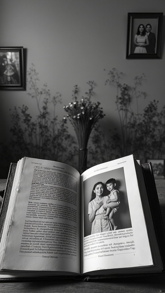 An open book displaying a black and white photograph of a woman holding a child, set against a backdrop of framed portraits and delicate wildflowers.