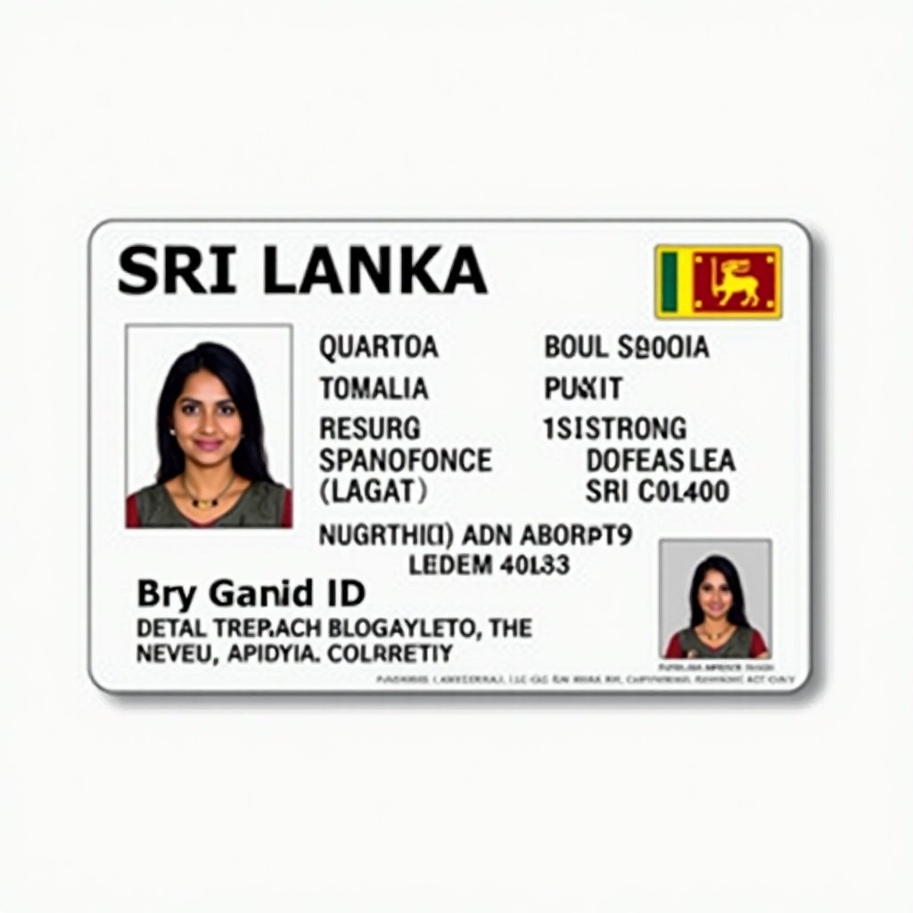 Design for an ID card specific to Sri Lanka. Features include personal identification elements and embedded security features. Layout includes details such as name, ID number, and address.