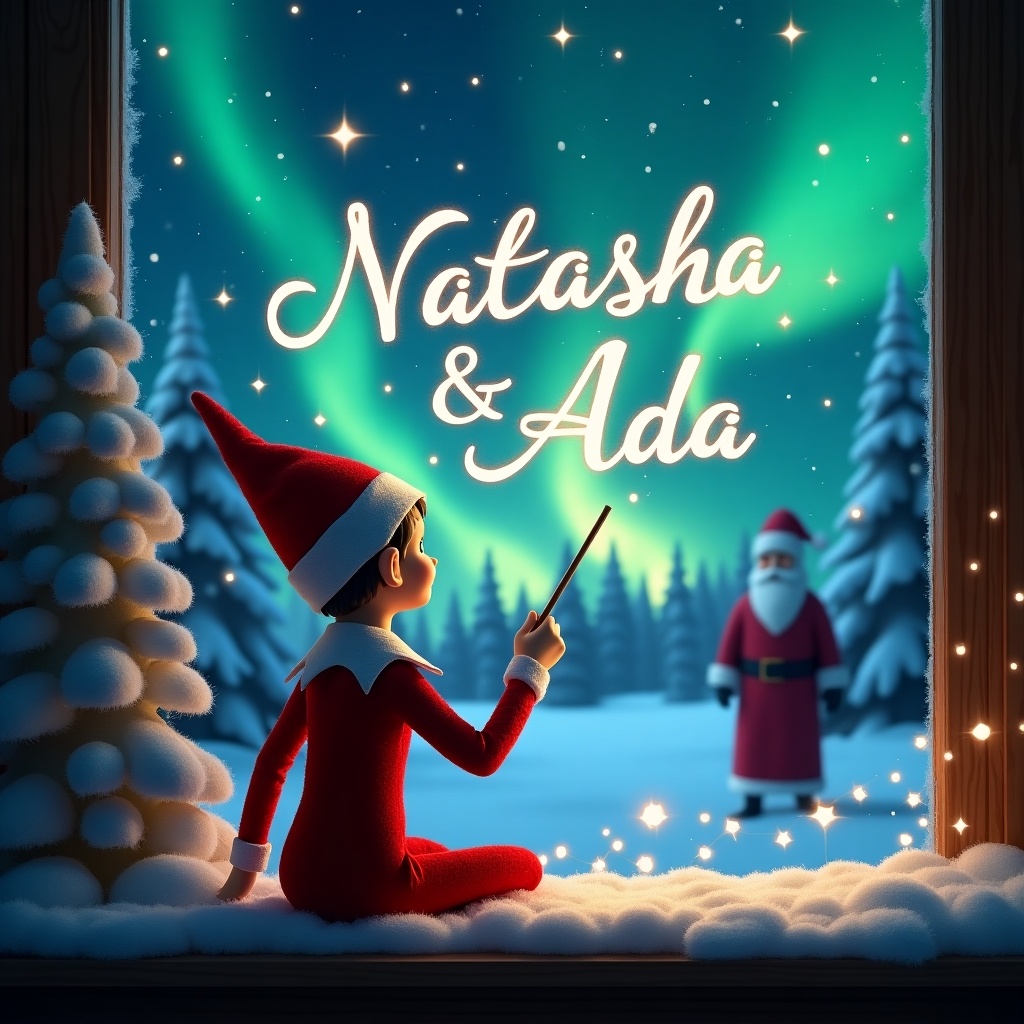 An elf on the shelf facing a magical winter night sky. The elf wears a red outfit and uses a wand. The names 'Natasha' and 'Ada' are written in the stars. Northern lights glow in the background with snow-covered trees. Santa's silhouette is in the distance.