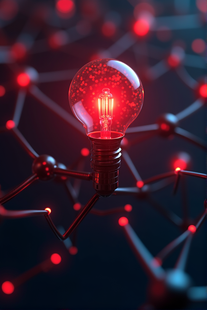 A glowing red light bulb is in focus, surrounded by a network of interconnected nodes, emitting a futuristic vibe.