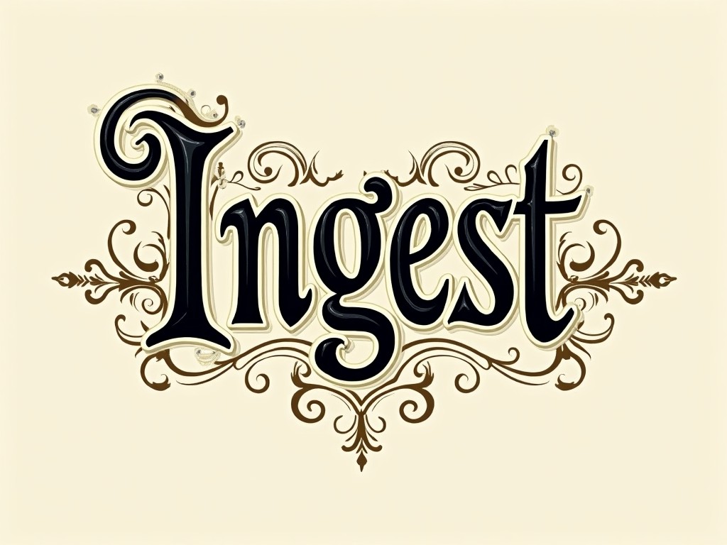 The image features the word 'Ingest' rendered in ornate, decorative typography. The letters are predominantly black with a glossy finish set against a soft cream background. Surrounding the typography are intricate flourishes that add an artistic touch. This design conveys elegance and classic style. It's suitable for branding and packaging, appealing to creative businesses.