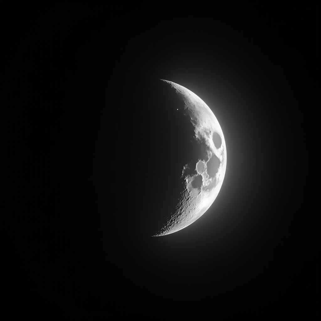 A crescent moon glowing brightly against a dark night sky, showcasing detailed craters and surface textures.