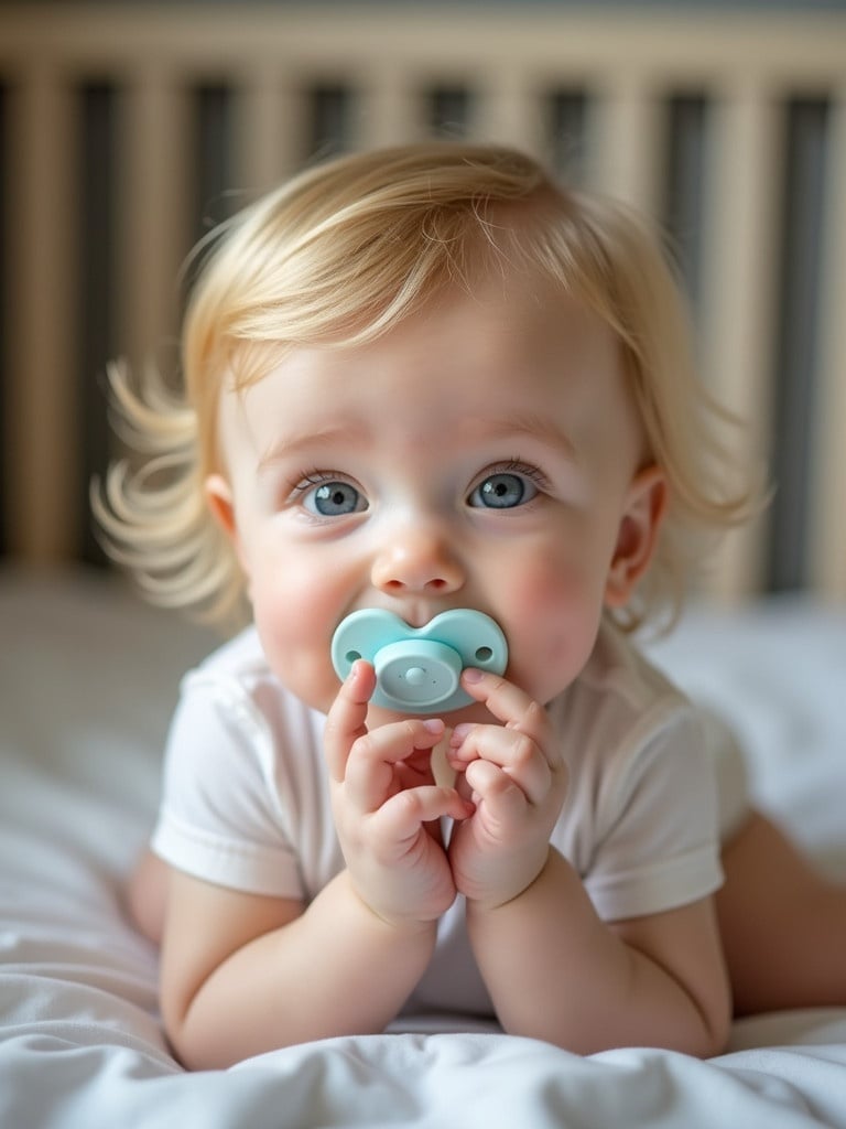 Cute baby with blonde hair sitting on a crib. Baby holds pacifier in mouth. Soft natural lighting creates cozy ambiance. Comfortable bedding surrounds the baby.