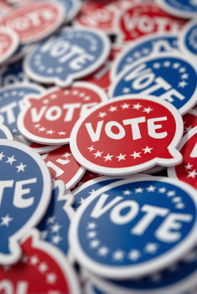 The image shows a pile of red and blue stickers with the word 'VOTE' in bold letters.