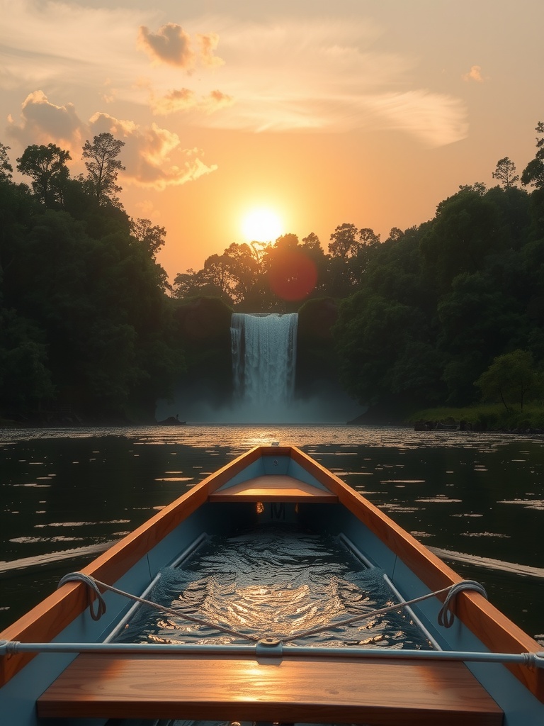 The image captures a serene sunset over a wide, tranquil body of water, with a waterfall cascading in the background. A wooden boat, positioned in the foreground, leads the viewer's eye towards the waterfall. The scene is bathed in warm, golden sunlight, creating a peaceful ambiance.